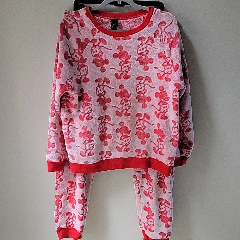 Disney World Mickey Mouse Womens XL Pajama Set Plush‎ Lounge Red White Cozy - Picture 2 of 15